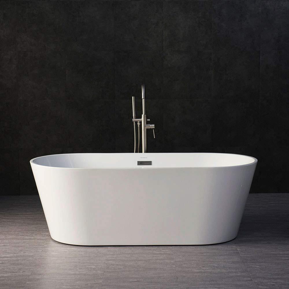 WOODBRIDGE 67" Acrylic Freestanding Bathtub Contemporary Soaking White Tub with Brushed Nickel Overflow and Drain，B-0013