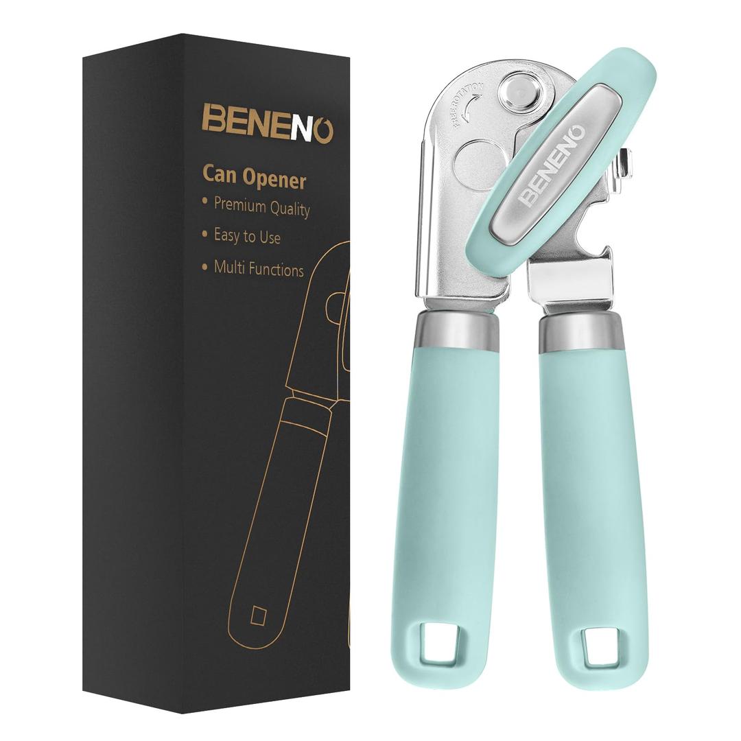 Can Opener Manual, Can Opener with Magnet, Hand Can Opener with Sharp Blade Smooth Edge, Handheld Can Openers with Big Effort-Saving Knob, Can Opener with Multifunctional Bottles Opener, Mint