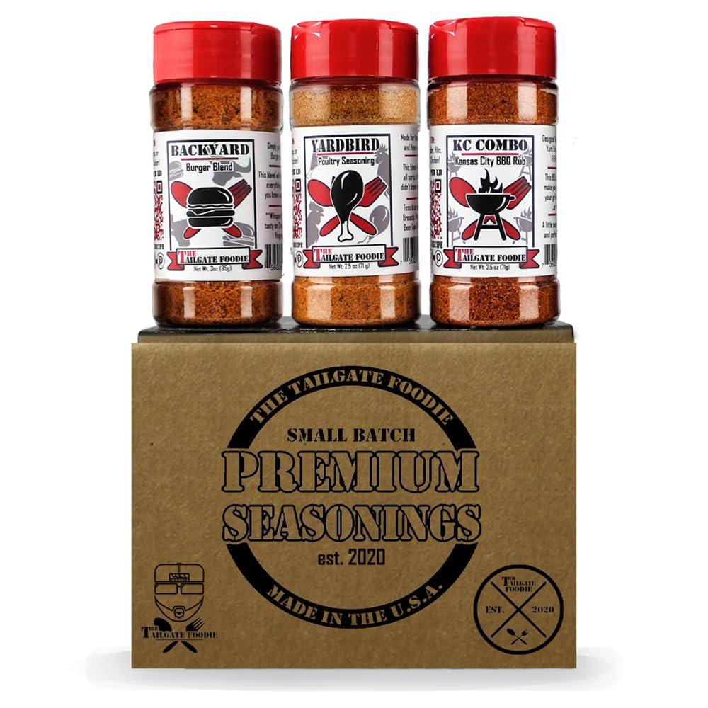 The Tailgate FoodieRare Pitmaster Gourmet Seasonings | 4 pc Grill Essentials Gift Set | 3 Secret Competition BBQ Spice Blends Great for Ribs, Pork, Brisket, Chicken, Steak **Great Christmas Gift**