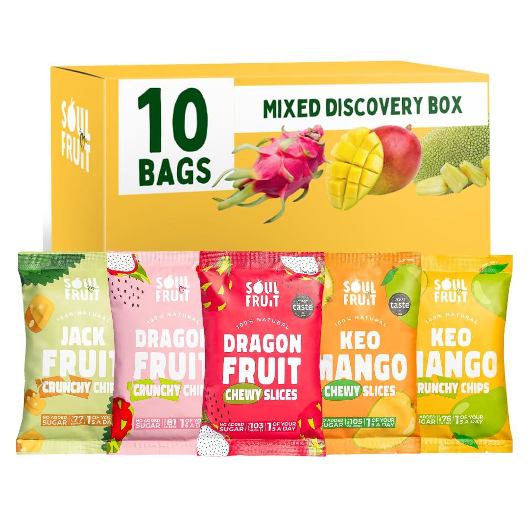 Soul FruitDiscovery Box - Dried Fruit & Freeze Dried Fruit Snacks - Dragon Fruit, Mango, Jackfruit - No Added Sugar - Low Calorie - Lunchbox Snacks - Healthy Snacks for Adults & Kids - 10 x 30/20g