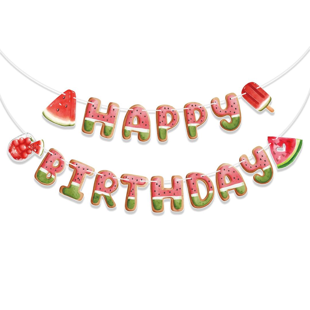 Watermelon Birthday Banner, Pre-strung Summer Happy Birthday Banner, Watermelon First Birthday Banner, Fruit Themed Birthday Banner, Summer Party Decor for Kids Birthday, Watermelon Birthday Party Decorations