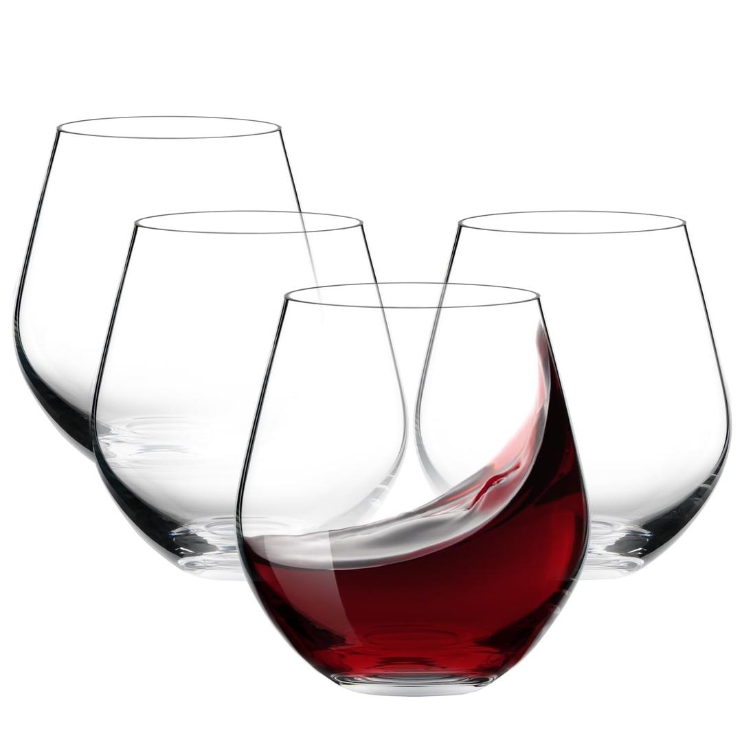 BENETI Premium Stemless Wine Glass | 18oz European Made Stemless Wine Glasses set 4 | Crystal Glass Cups For Red & White Wine, Durable Drinking Glasses