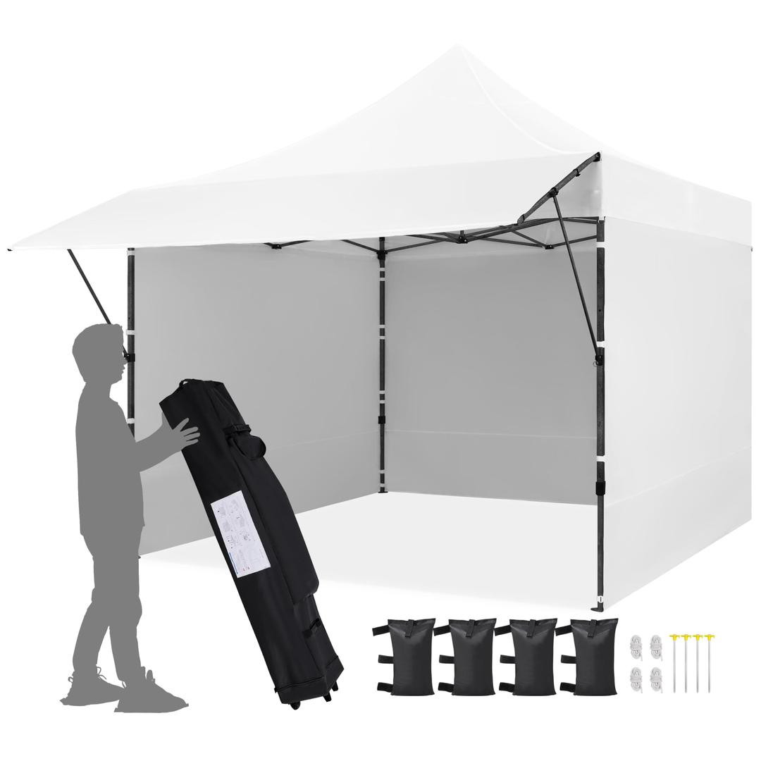 Yaheetech10x10 Pop up Commercial Canopy Tent with 3 Removable Sidewalls & Awning, Portable Freestanding Shelter, Outdoor Heavy Duty Party Canopies W/Roller Bag, 4 Sandbags, Stakes & Ropes, White