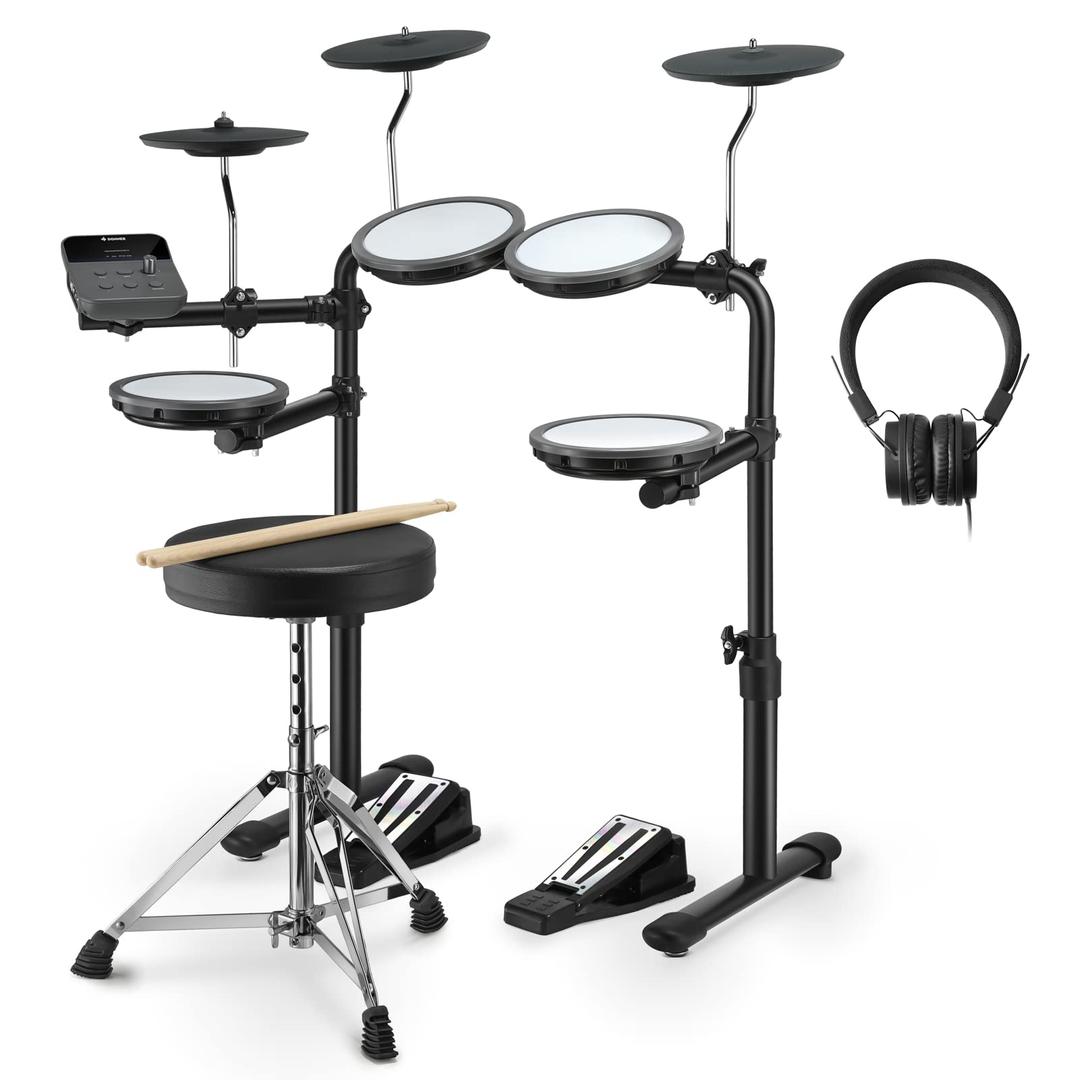 DonnerDED-70 Electric Drum Set with 4 Quiet Mesh Drum Pads, 2 Switch Pedal, Portable and Solid Drum Set with Type-C Charging, 68+ Sounds, Throne, Headphones, Sticks, Melodics Lessons