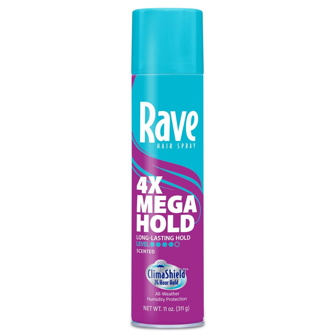 Scented Aerosol Hairspray by Rave - 1 Pack of 4X Mega Hair Spray for Heat Protection, Volume and Shine - ClimaShield for Extra Humidity and Long-Lasting Firm Hold - Minimizes Frizz