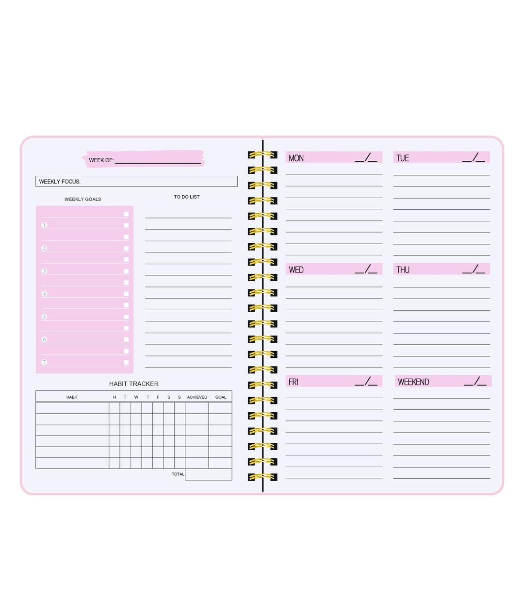 To Do List Notebook, Undated Weekly Planner A5 Diary Planner for College Work with Habit Tracker, Twin Wire Binding, Pink