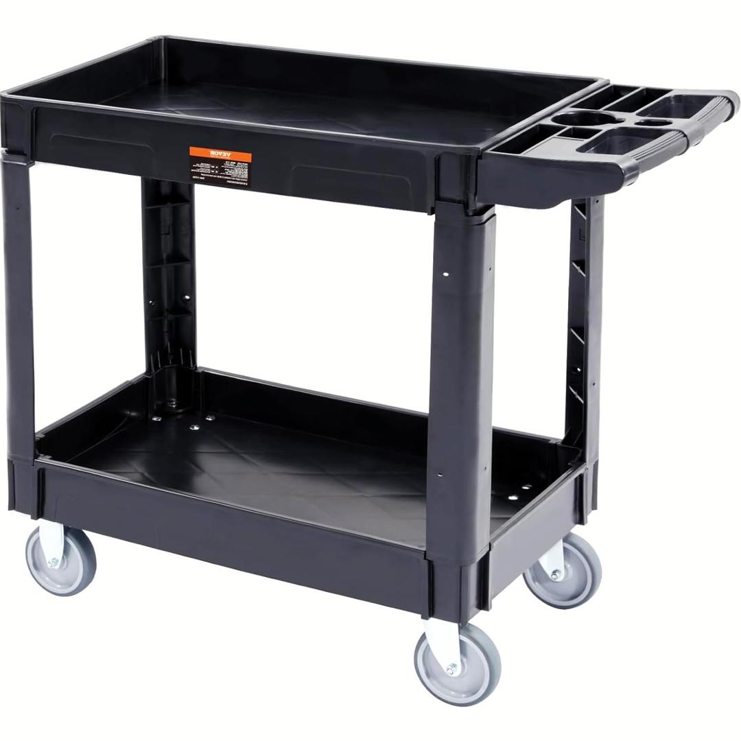 VEVOR Utility Service Cart, 2 Shelf 550LBS Heavy Duty Plastic Rolling Utility Cart, Medium Lipped Shelf, 360° Swivel Wheels, Ergonomic Storage Handle for Warehouse Garage, Black