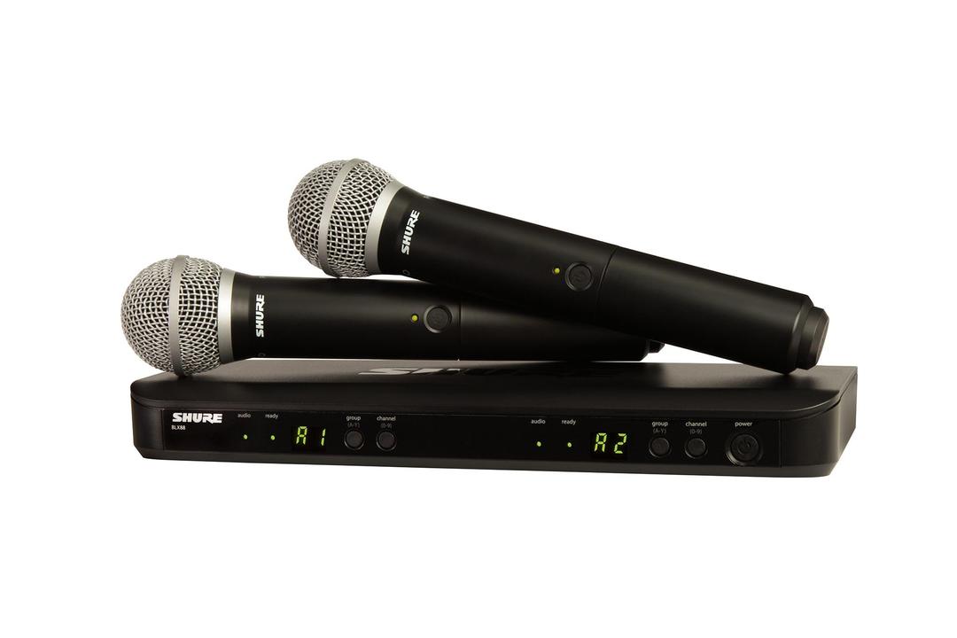 Shure BLX288/PG58 Wireless Microphone System - 14-Hour Battery Life, 300 ft Range, UHF | Includes (2) PG58 Handheld Vocal Mics, Dual Channel Receiver | H10 Band (BLX288/PG58-H10)