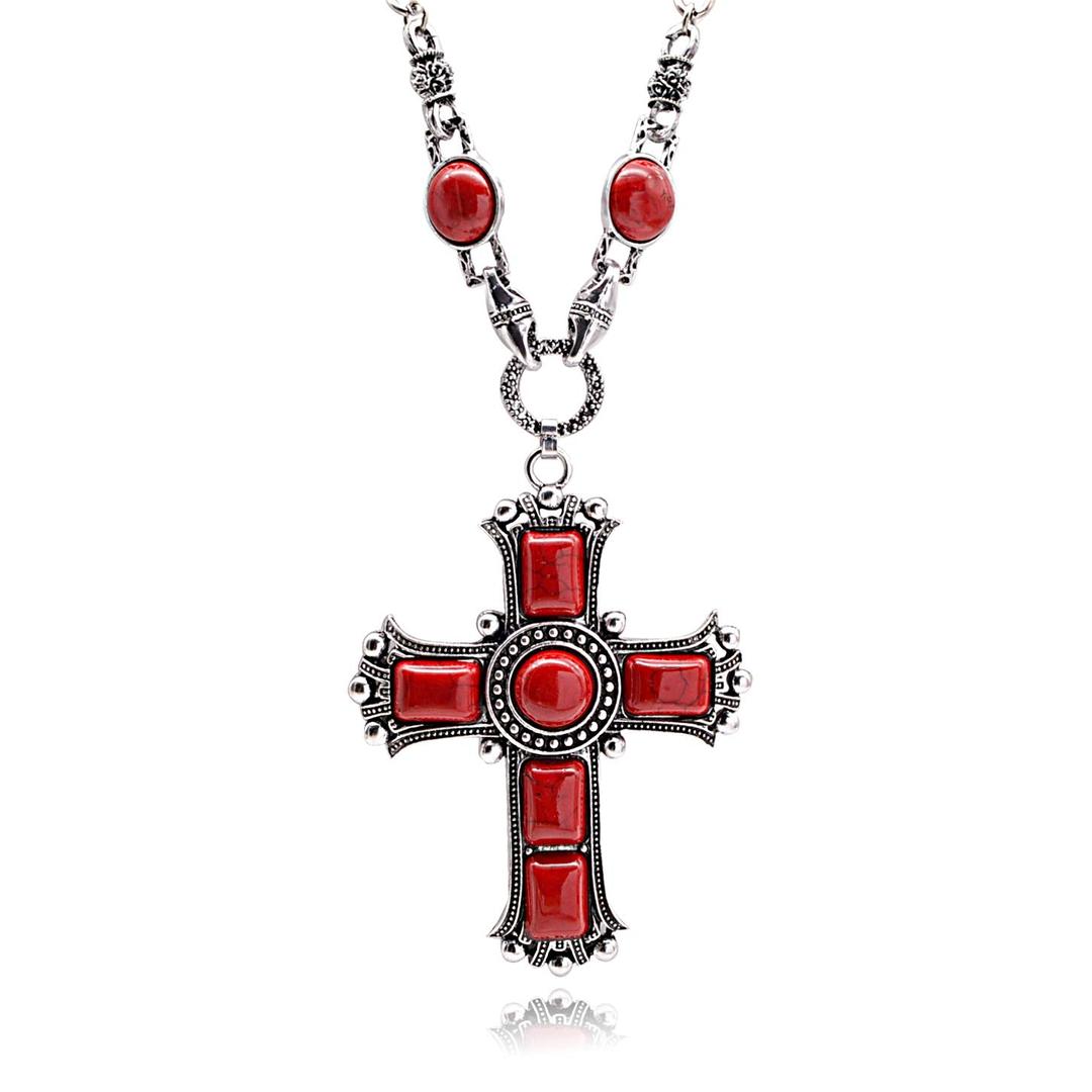 jonline24h Mens Womens Vintage Large Gothic Cross Pendant Necklace & Chain Red Green Black