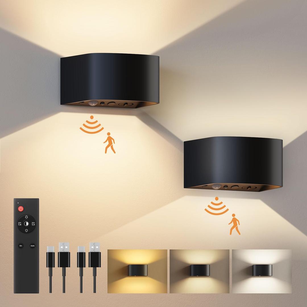 FULEN Motion Sensor Wall Light with Remote Control 3 Colors Wireless Wall Lamp LED Indoor Up and Down Wall Sconce 5000mAh Rechargeable Battery Powered Wall Lamps Brightness Adjustable, Black 2 Pack