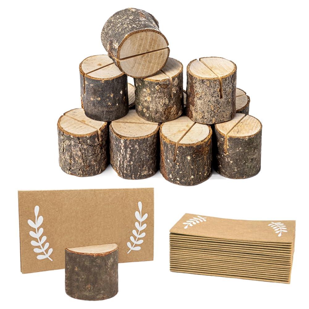 24Pcs Rustic Wood Place Card Holders and 30Pcs Kraft Table Name Place Cards, Wood Table Number Holders, Wooden Photo Holders, Name Card Photo Picture Clips for Fall Tabel Decor Thanksgiving Dinner Party.