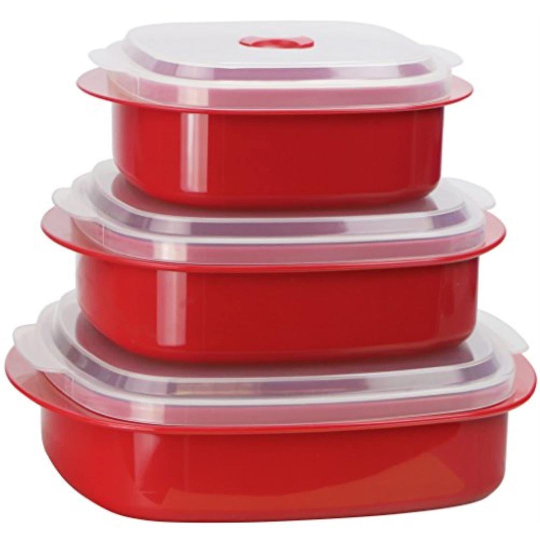 Reston LloydNesting Microwave Containers, Set of 3, Adjustable Steam Vents, Airtight, Meal Prep, Durable BPA-Free Plastic- Freezer & Dishwasher Safe, Cookware & Food Storage, Anyday Cookware, Red