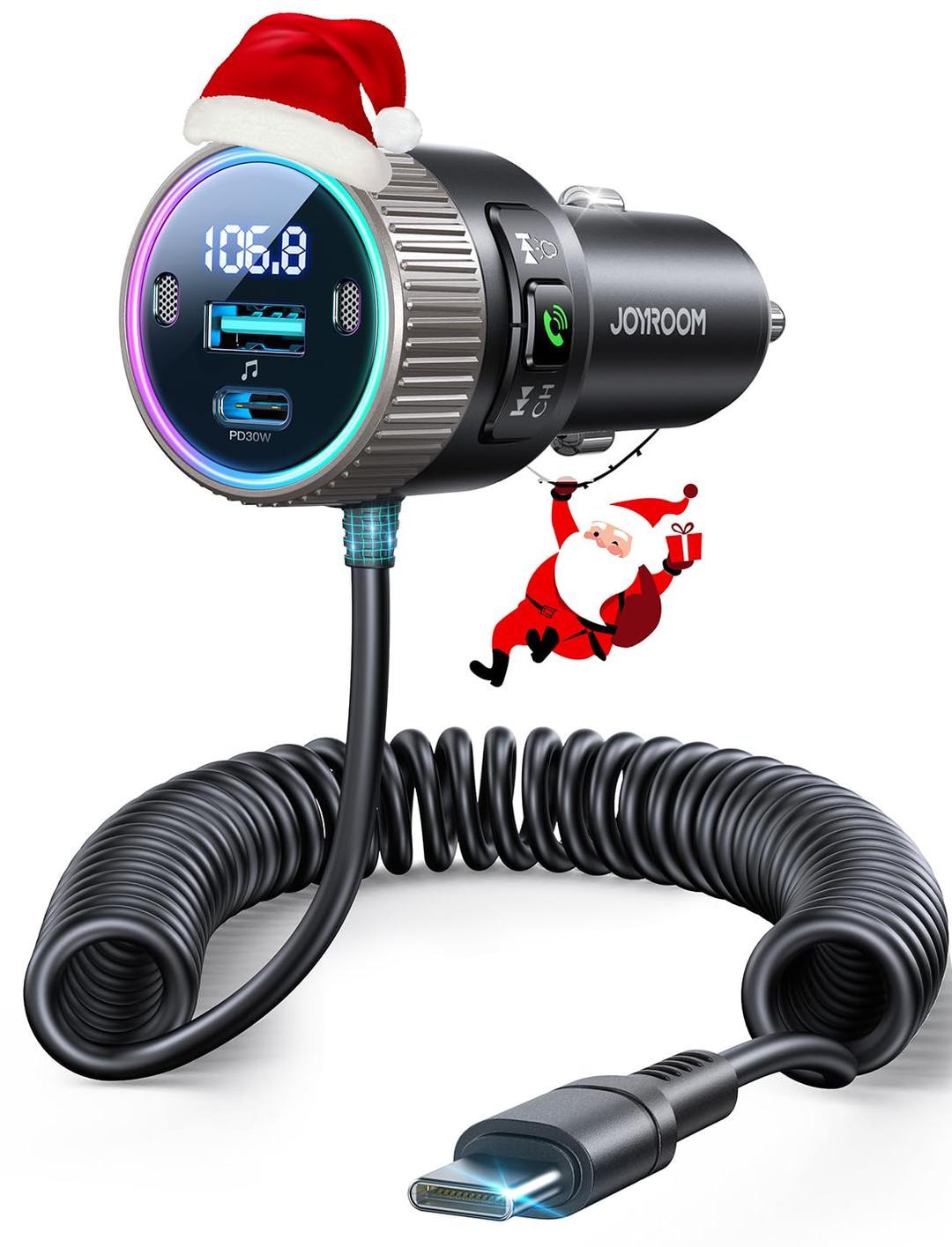 Bluetooth 5.4 Car Adapter 60W FM Transmitter PD 30W & Type C Coiled Cable 30W Wireless Radio Music Player Hands-Free Call USB C Cigarette Lighter Adapter Support USB Drive - A Must for Family Travel