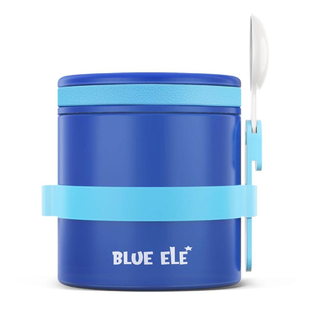 BLUE ELELeakproof, Vacuum Insulated Thermos Hot Lunch Containers with Ceramic-Coated Stainless Steel, Easy Grip Lid, and Folding Spoon, 13.5oz, Deep Blue