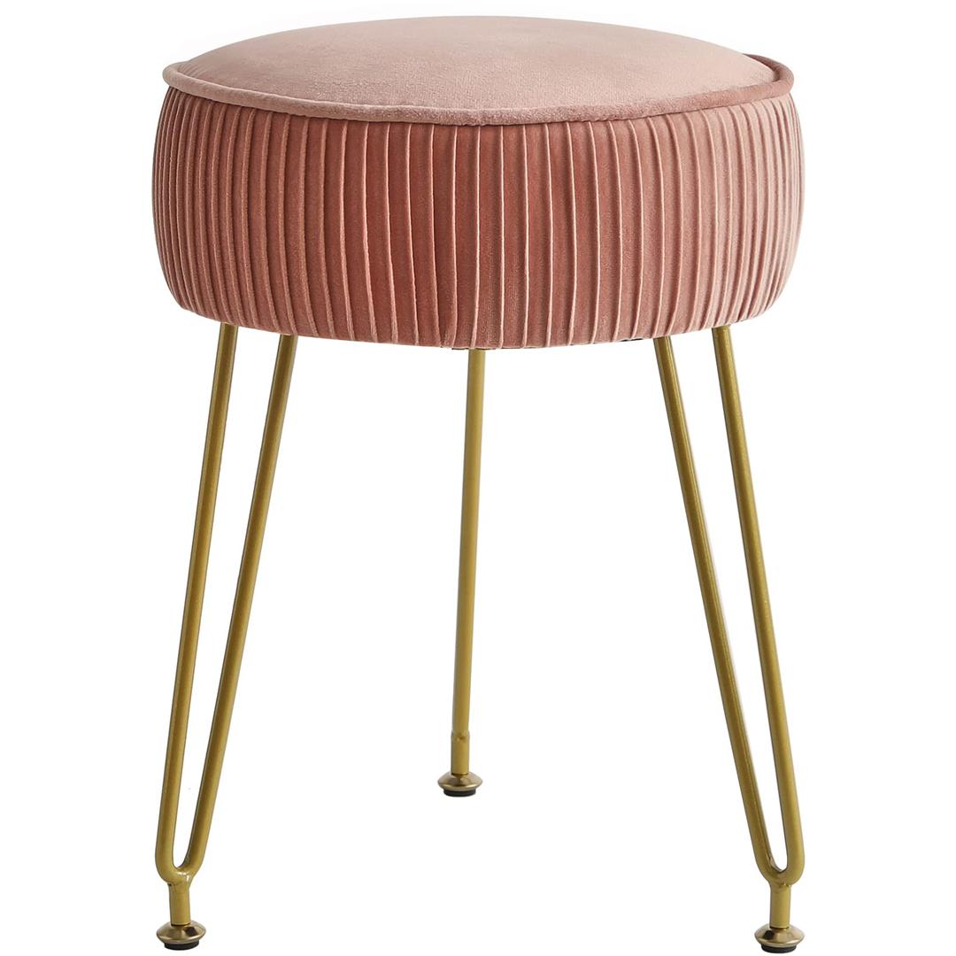 IBUYKE Velvet Round Footrest Stool, Makeup Vanity Stool Side Table, Velvet Dressing Table Seat, Pouf Couch Stool, Golden Steel Legs, Pink L/G-30P