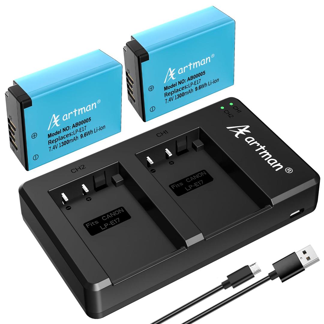 Artman 2-Pack LP-E17 Batteries and Rapid Dual USB Charger for Canon EOS R50 RP R10 R8,Rebel T8i, T7i, T6i, T6s, SL2, SL3, EOS M3, M5, M6, EOS 200D, 77D, 750D, 760D, 800D, 8000D, Digital SLR Camera