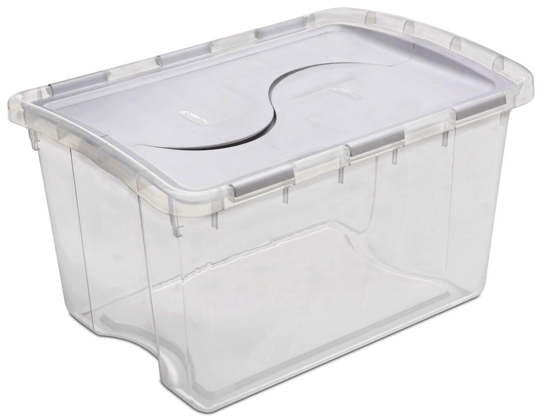 Sterilite 48 Qt Hinged Lid Storage Box, Stackable Bin with Lid, Plastic Container to Organize Home, Office, Basement, Clear with White Lid, 6-Pack