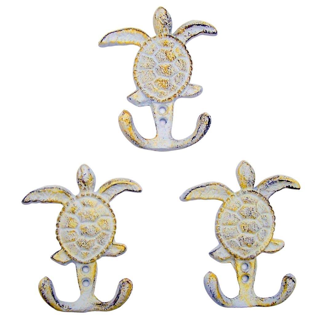 Distressed White Sea Turtle Cast Iron Wall Hook, Yellow Accents, Wall Décor, Set of 3, 4 3/4 Inch