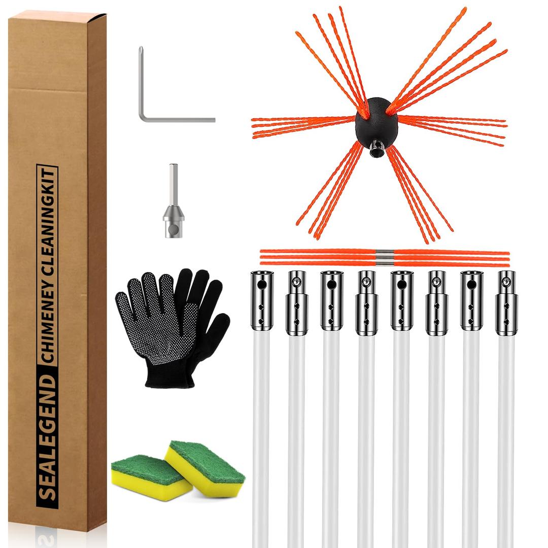 Sealegend 26 Feet Chimney Sweep Kit Chimney Brush Chimney Cleaning Kit and Rotary Chimney Cleaning System Fireplace Brush Tool with 8 Nylon Flexible Rods (26FT)