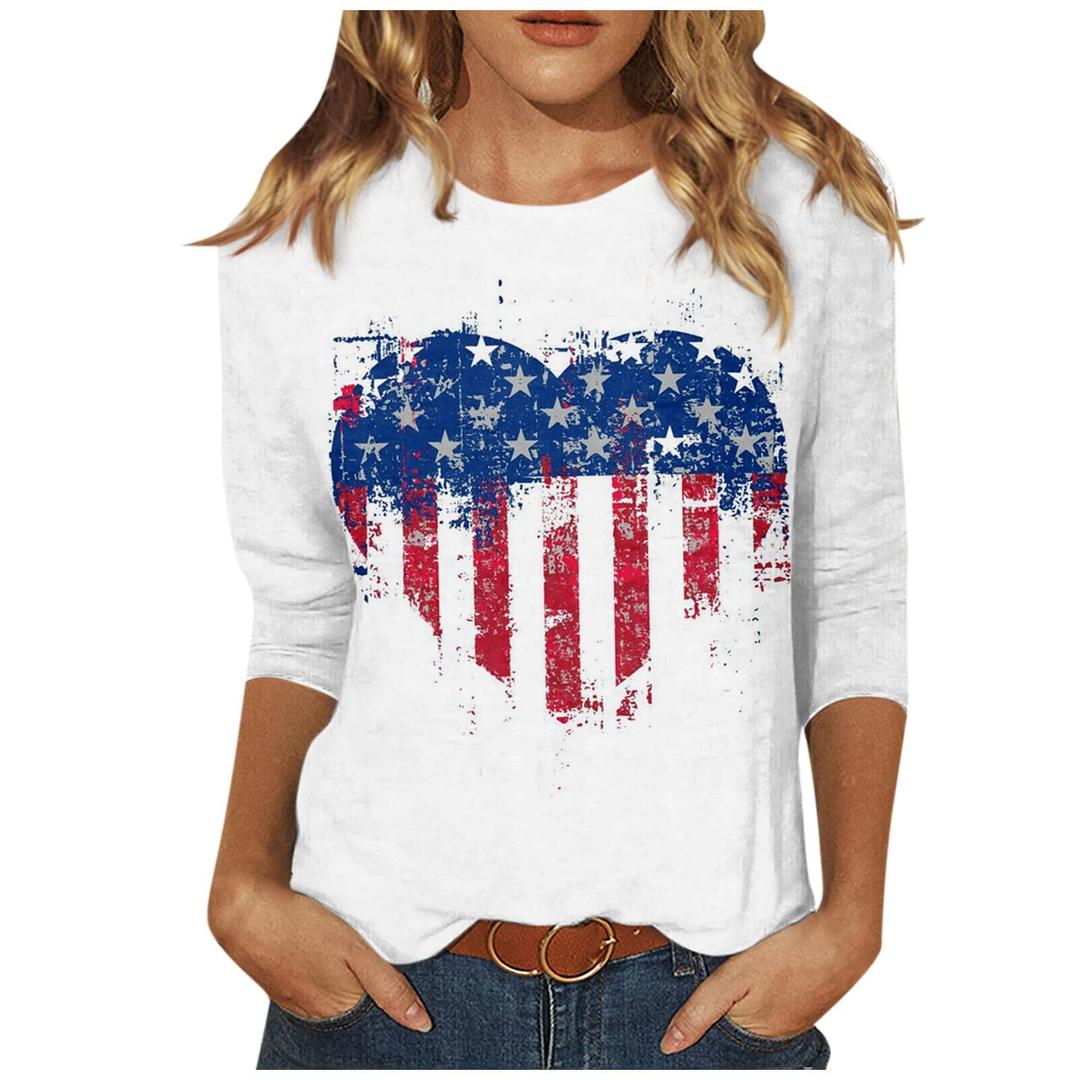 3/4 Sleeve Tops for Women 4th of July Shirts for Women Plus Size Crew Neck American Flag Patchwork Patriotic Shirt