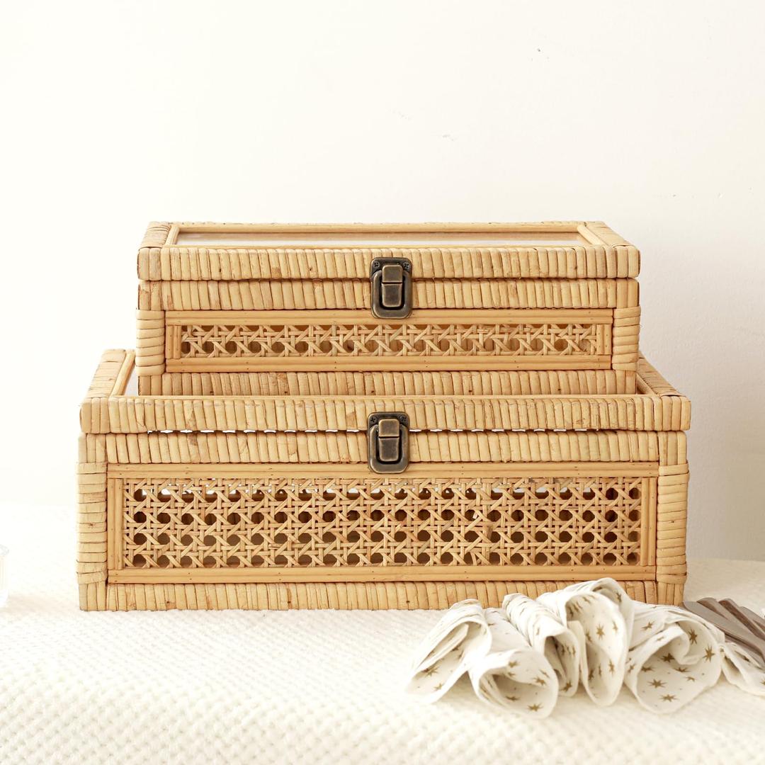 Rattan and Cane Stacking Boxes with Glass Top Lid - Set of 2 for Boho, and Rustic Farmhouse Decor