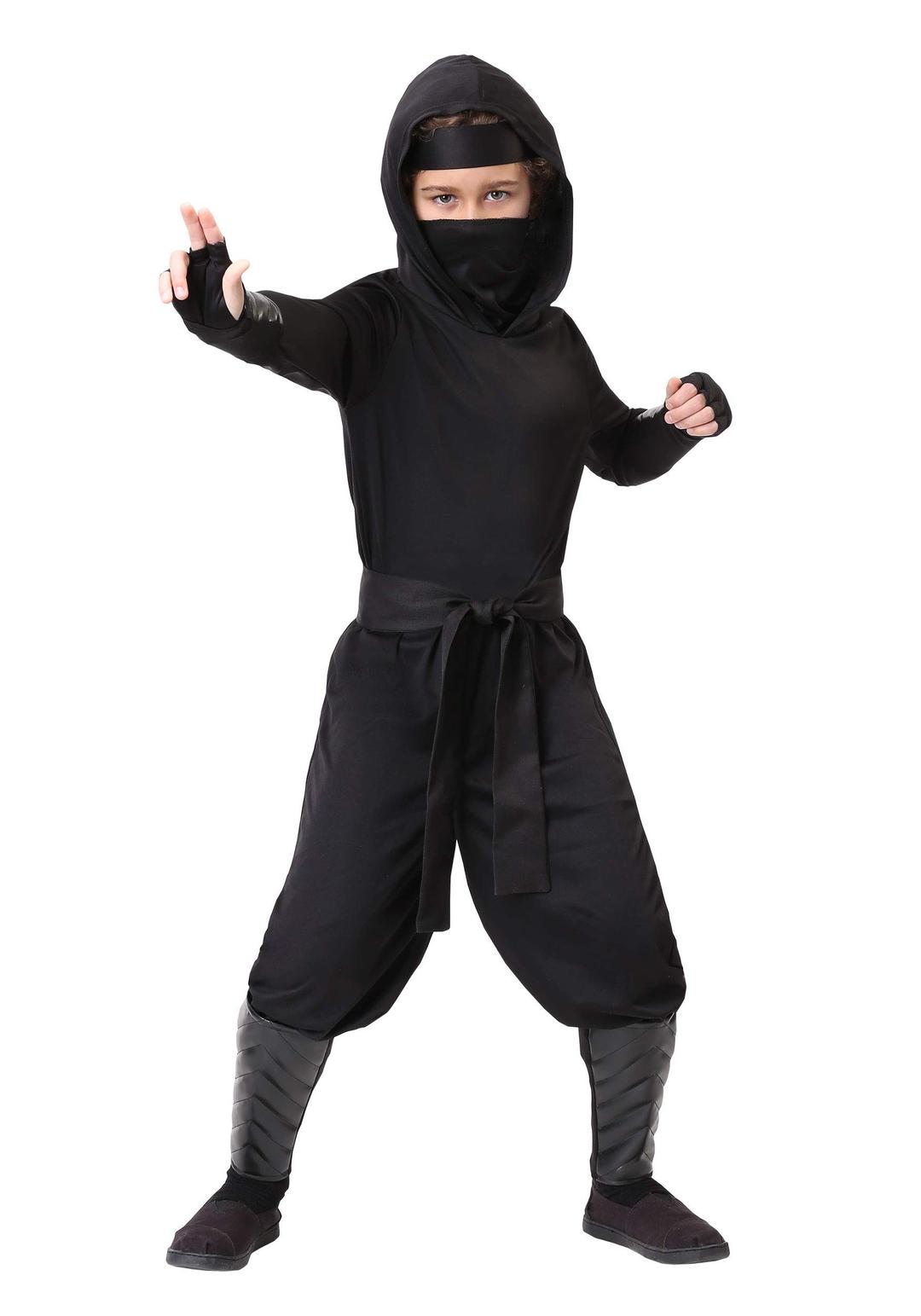 Stealth Shinobi Ninja Kid Costume - Shirt, Pants, Face Mask, and Belt with Leg Guards