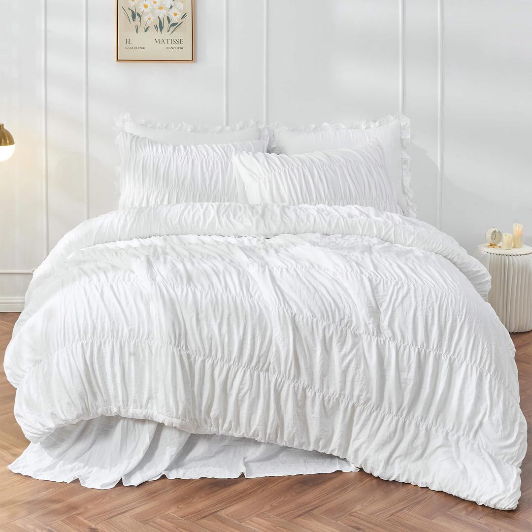 Queen Comforter Set White Bedding - Ruched Comforter Queen Size Bed Set Boho Shabby Chic Bedding for Bedroom Comforter Fluffy 3 Piece Ruffle Comforter Set with Pillow White Girl Bedding Soft