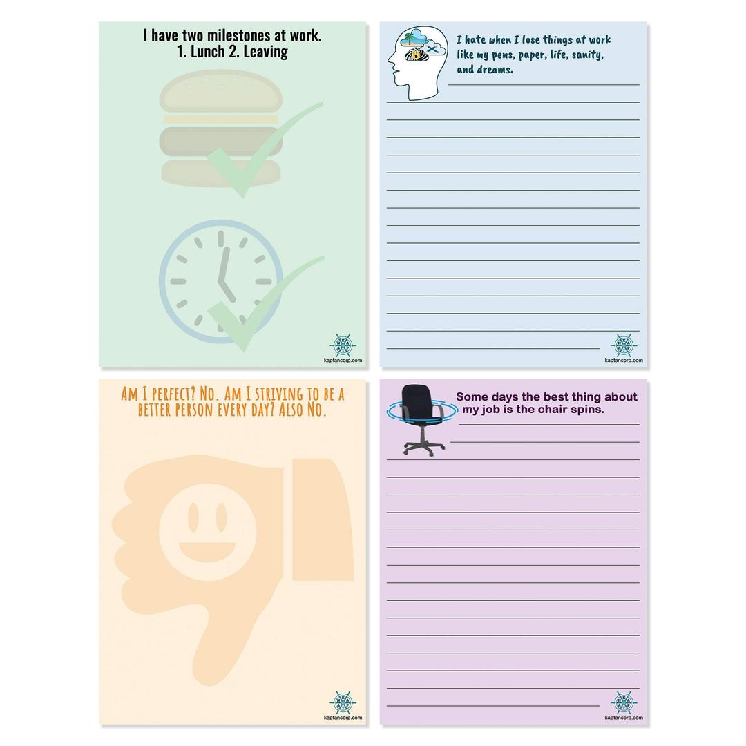 KAPTAN Funny Notepads - Office 2 Themed, Hilarious Sarcastic Notepads for the Office, 4 Pack, Funny Sticky Notes with Ironic Work Messages, Track To-Do Lists, Schedules, and Appointments with Attitude