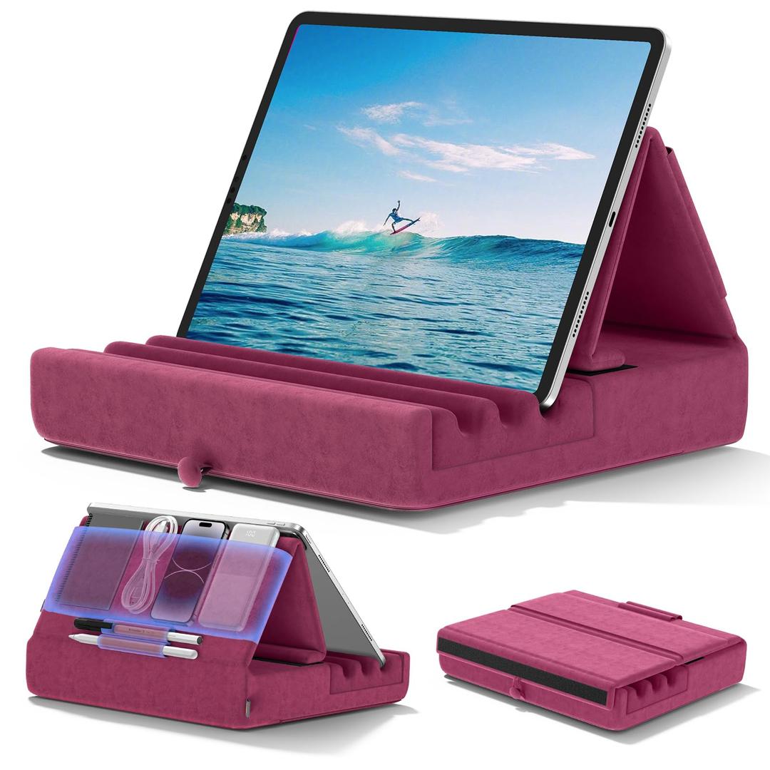 KDD Tablet Pillow Holder, Foldable iPad Stand for Lap, Bed and Desk -Tablet Soft Pad Dock with Pocket & Stylus Mount Compatible with iPad Pro 12.9, 10.5, 9.7 Air Mini 6 5 4 3, Galaxy Tab, E-Reader