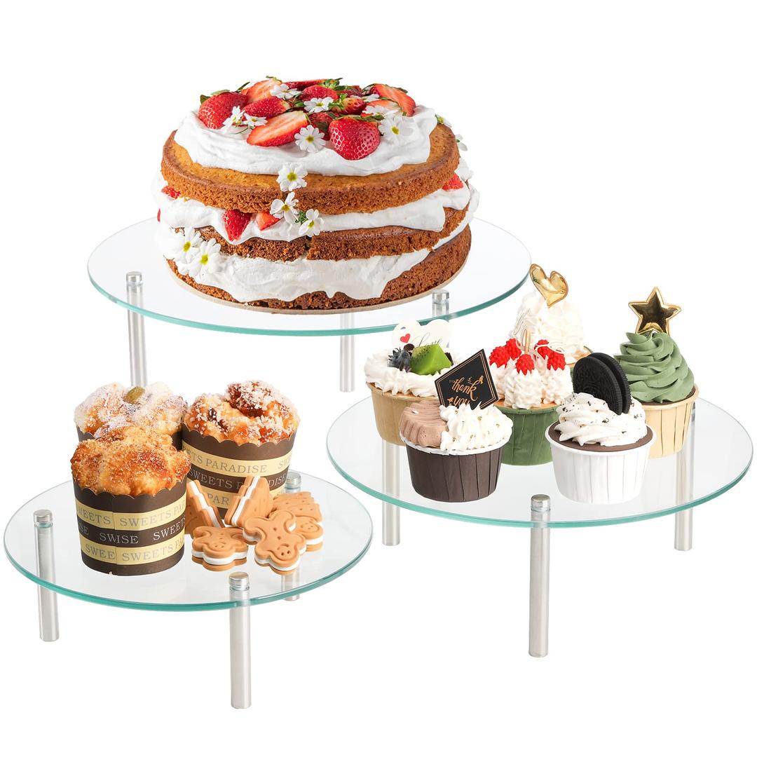 Hacaroa 3 Pcs Tempered Glass Cupcake Stands, 9,11,12.6 Inch Round Food Display Stand Clear Retail Risers for Cakes, Desserts, Pastries, Appetizers