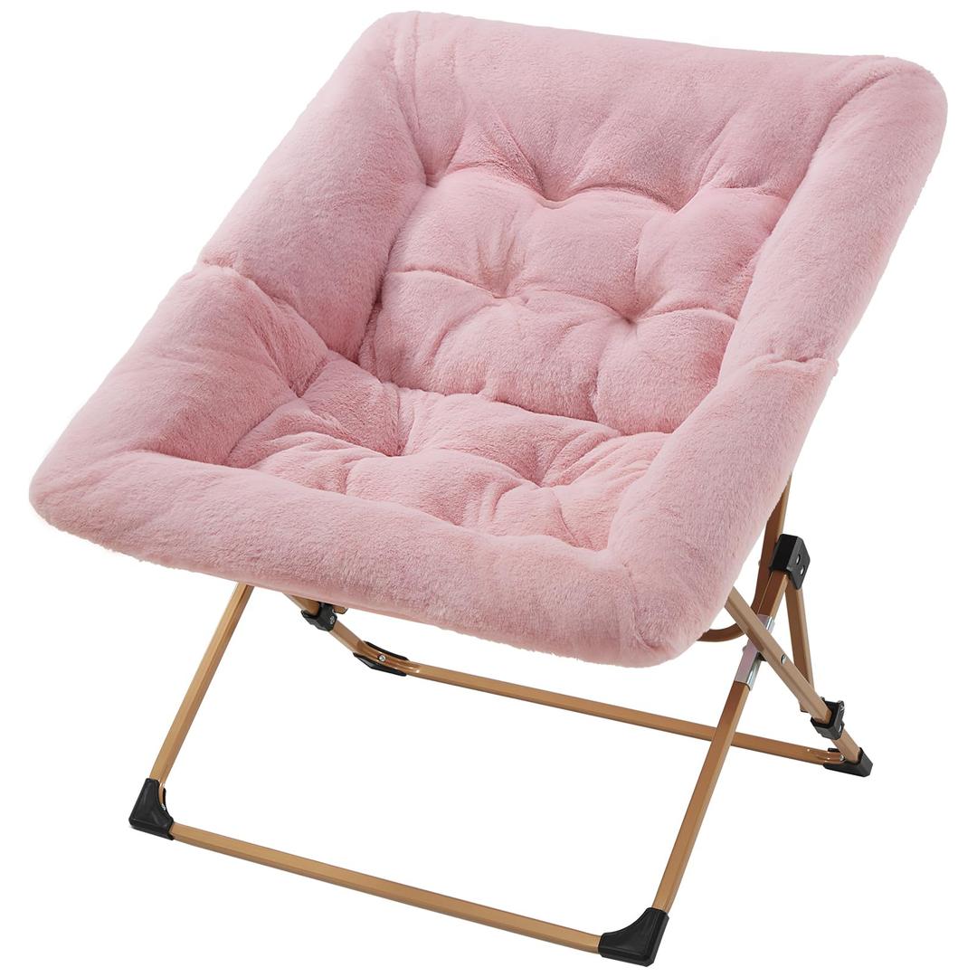 OAKHAM Comfy Saucer Chair for Adults, Soft Faux Fur Folding Lounge Chair for Bedroom Living Room Dorm Rooms Flexible Reading Chair for Teens Kids, X-Large Foldable Chair (Faux Fur-Pink)