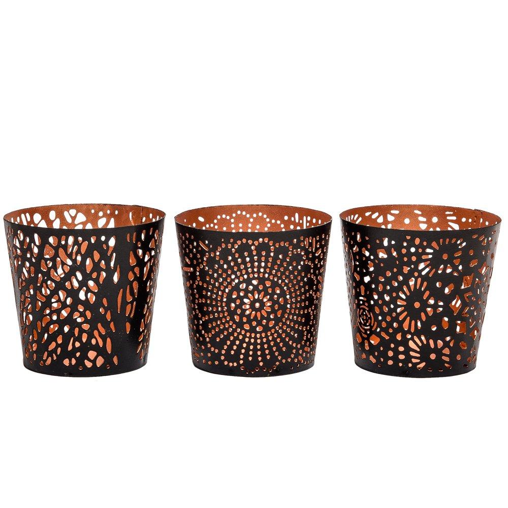 Set of Three Uniquely Crafted Metal Votive & Tealight Candle Holders in Black and Copper