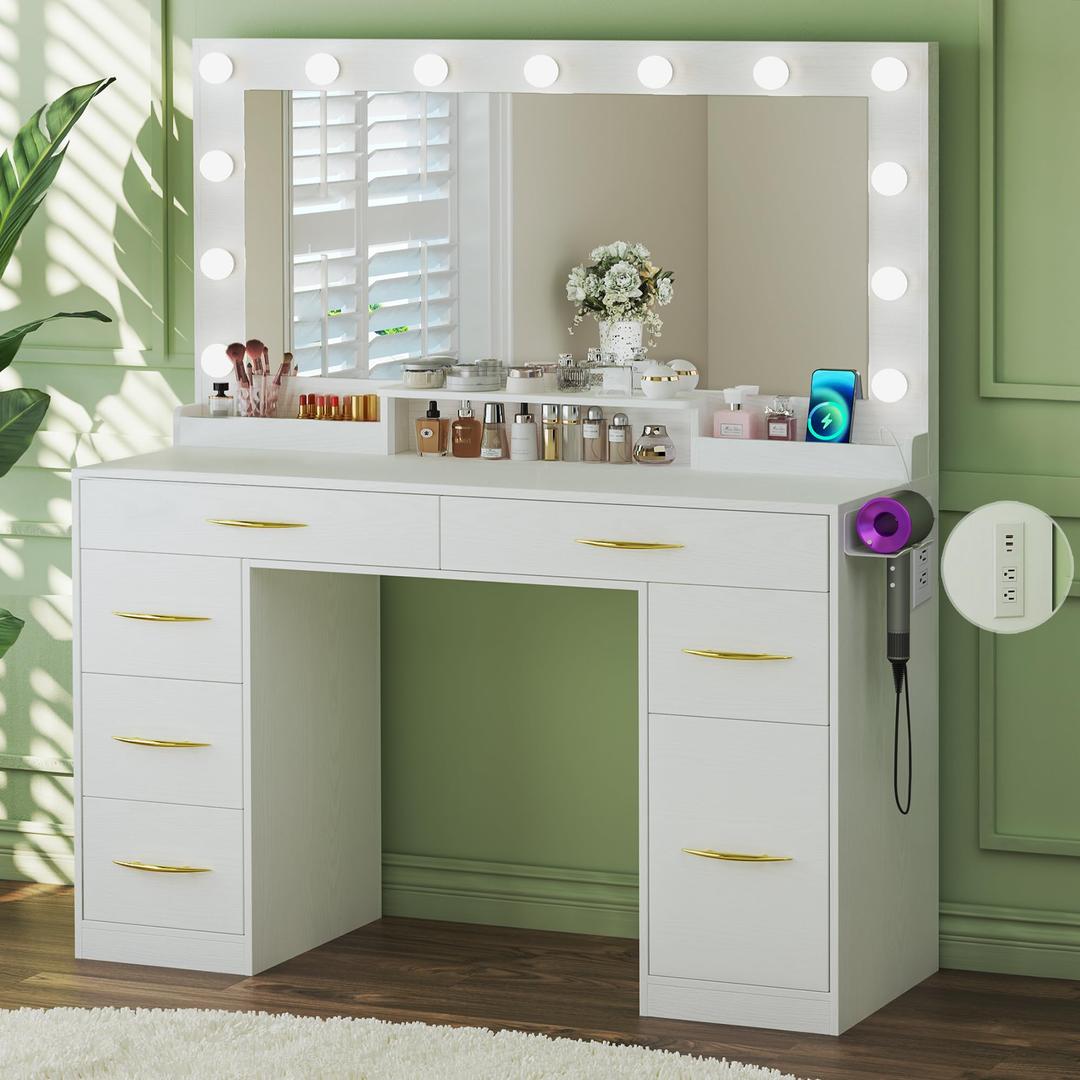 Makeup Vanity Desk with Lights, Vanity Desk with Large Mirror, White Vanity with 6 Large Drawers & 1 Cabinet & Power Outlet, 3 Lighting Color Adjustable, Bedroom