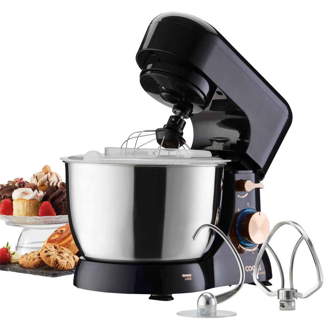 Cooks Professional Stand Mixer | 8 Speed 4.5L Mixing Bowl 1000W Electric Mixer | with Mixing Bowl, Splash Guard, Balloon Whisk, Beater & Dough Hook | Kitchen Cake & Dough Mixer | Black and Rose Gold