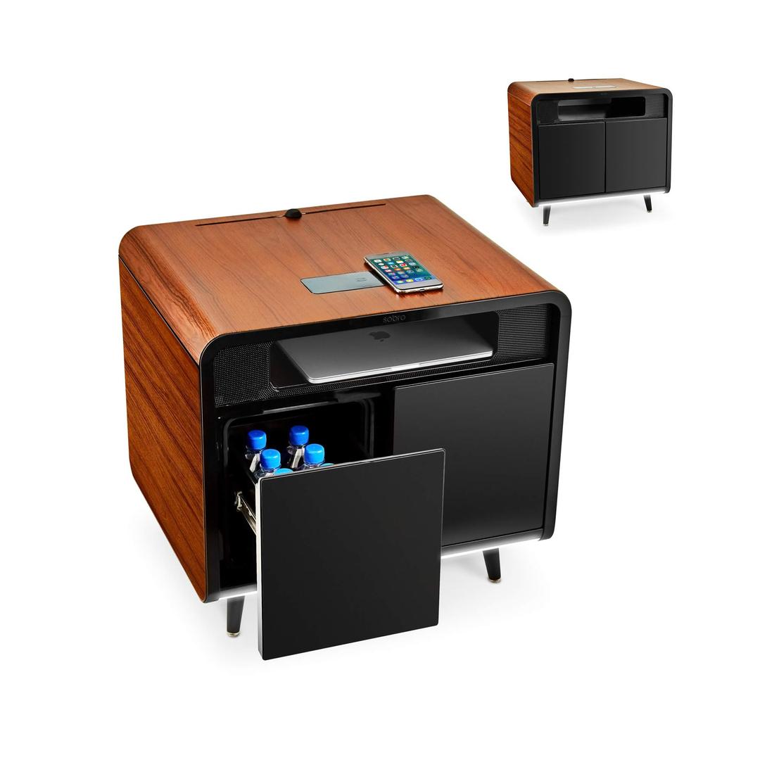 Smart Side/Nightstand Table - with Cooling Drawer, Wireless Charging, Bluetooth Speakers, USB-C and 120V outlets, LED Light, Wood/Black