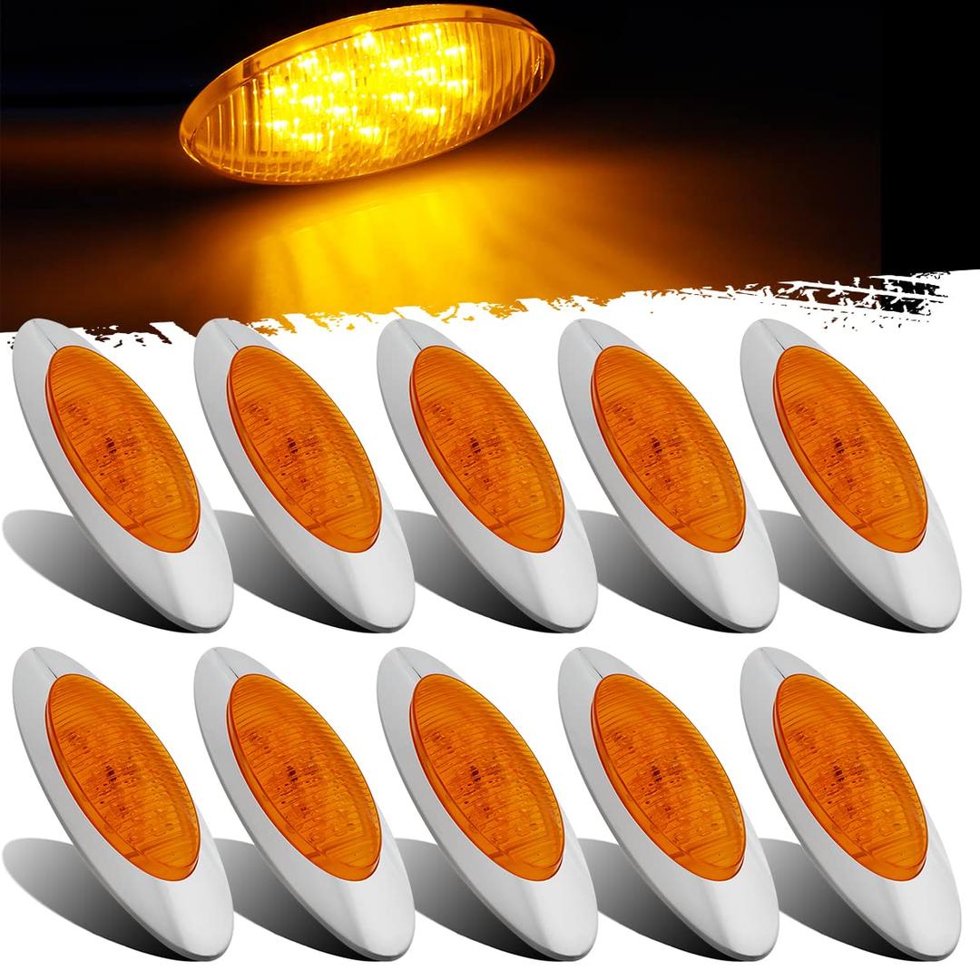 Partsam 10pcs 6.5" LED Marker Lights, Oval Amber 16LED Side Marker Clearance Lights with Chrome Bezel Replacement for Truck Peterbilt Kenworth Freightliner