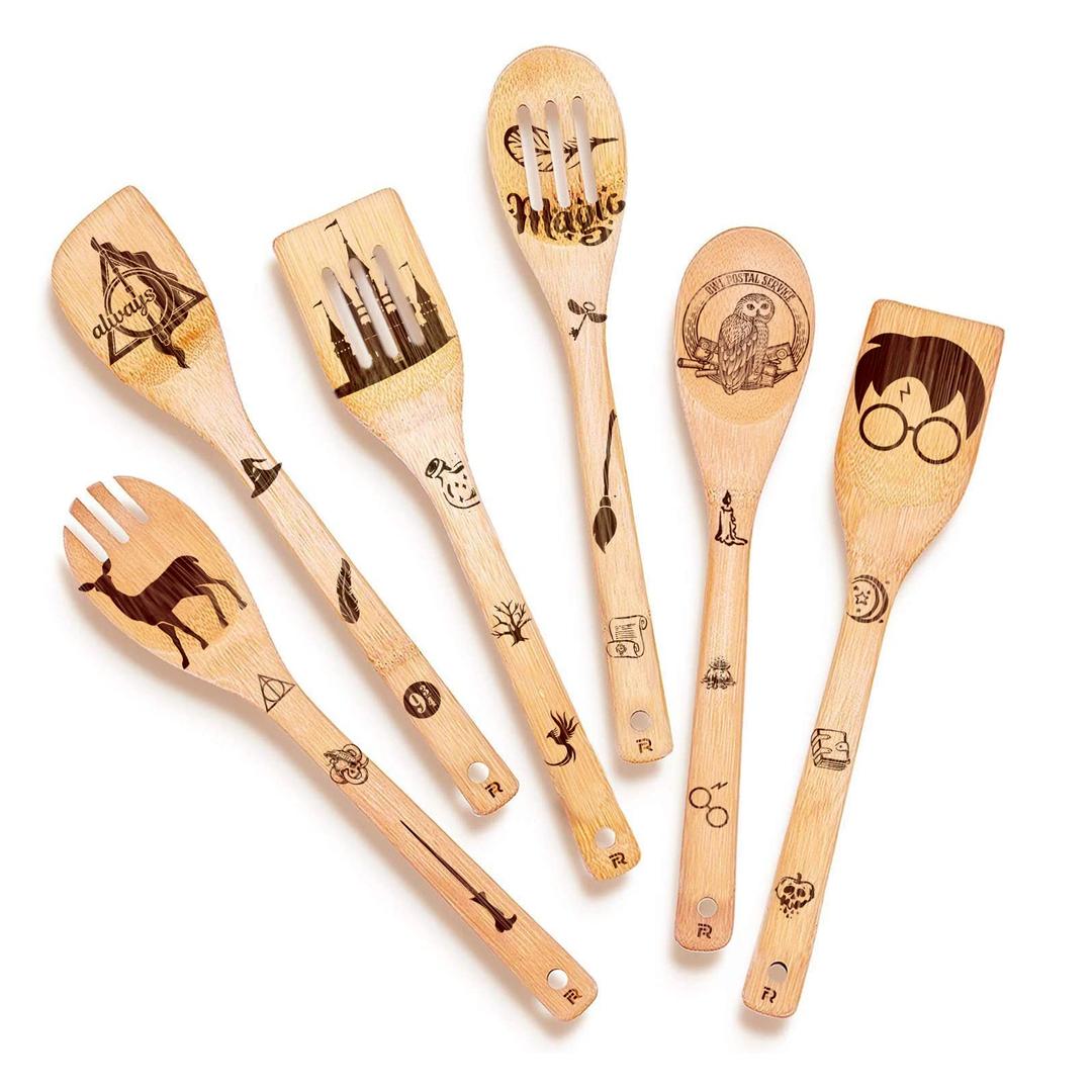 Riveira Organic Wooden Spoons for Cooking Utensils Set 6-Piece Magic Wizard Harr Potter Kitchen Utensils Gift Spatulas for Nonstick Cookware Gifts for Cooking Lovers