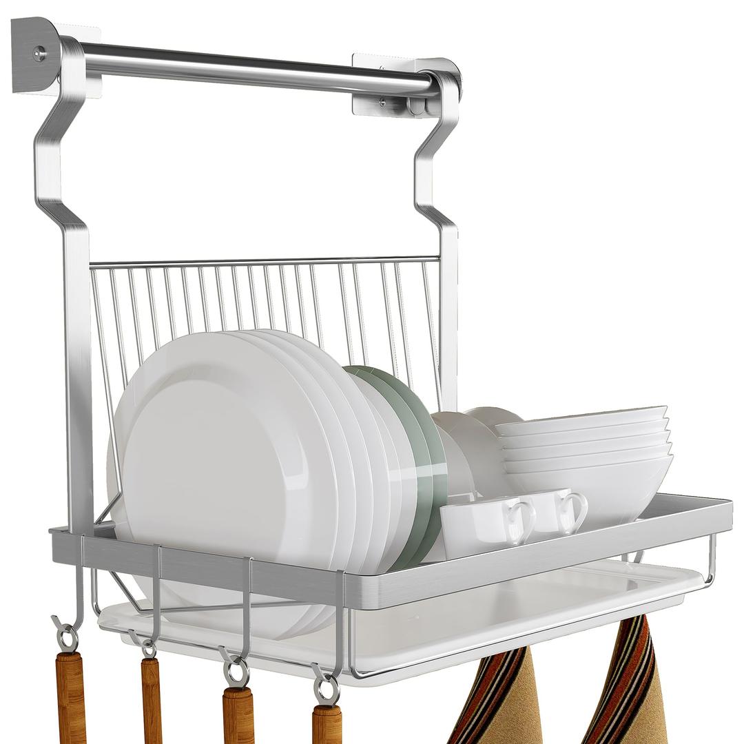 TQVAI Over Sink Dish Drainer Drying Rack, Stainless Steel Foldable Wall Mounted Dish Racks with Drainboard Hanging Rod and Sponge Holder, Silver