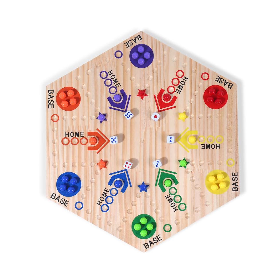 Wooden Board Game, Original Marble Game Board Game Double Sided Painted for 6 and 4 Player with 6 Colors 36 Marbles, 6 Dice for Family Game Night.