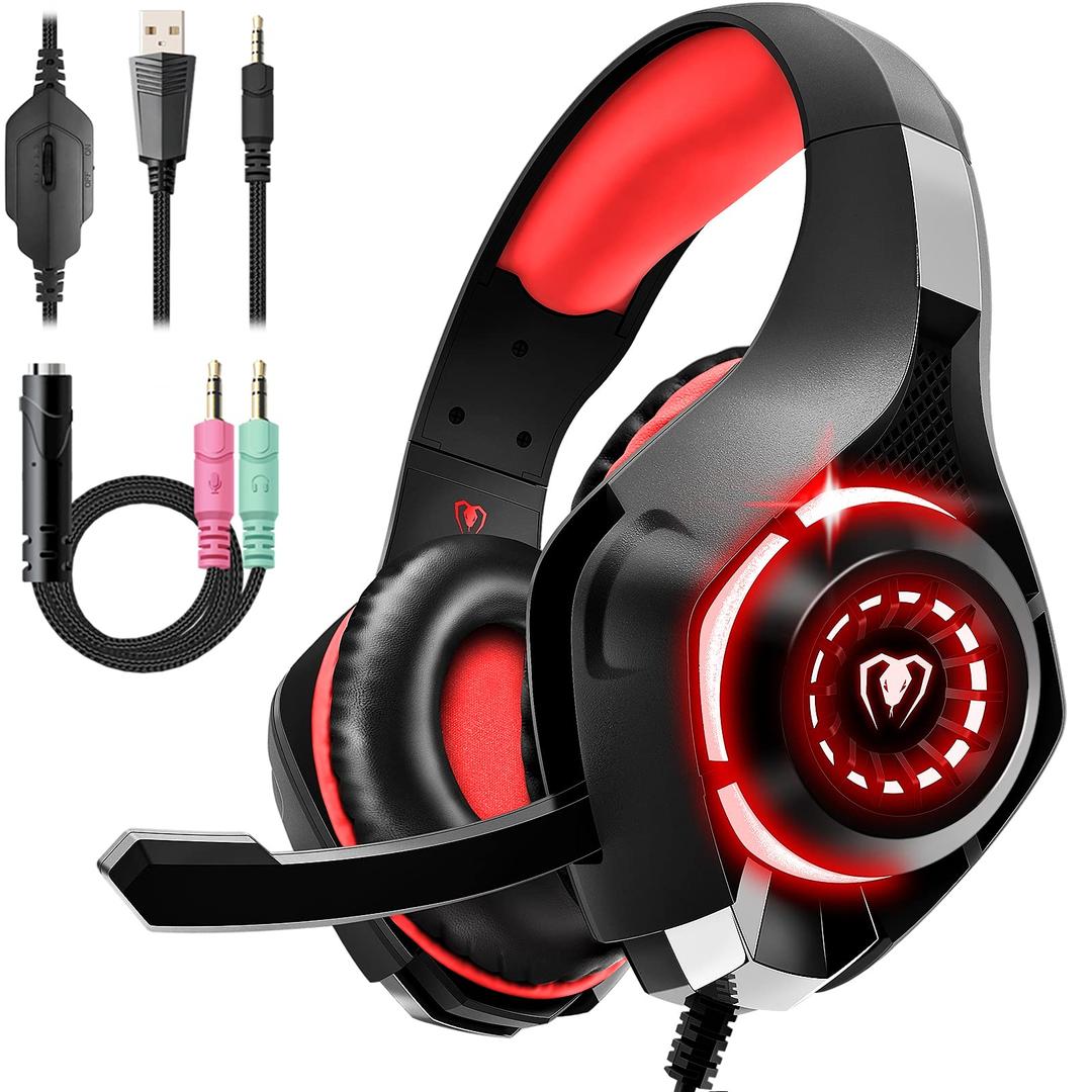 Gaming Headset for Ps4 Ps5 Xbox One Switch PC with Noise Canceling Mic, Deep Bass Stereo Sound (Black Red)