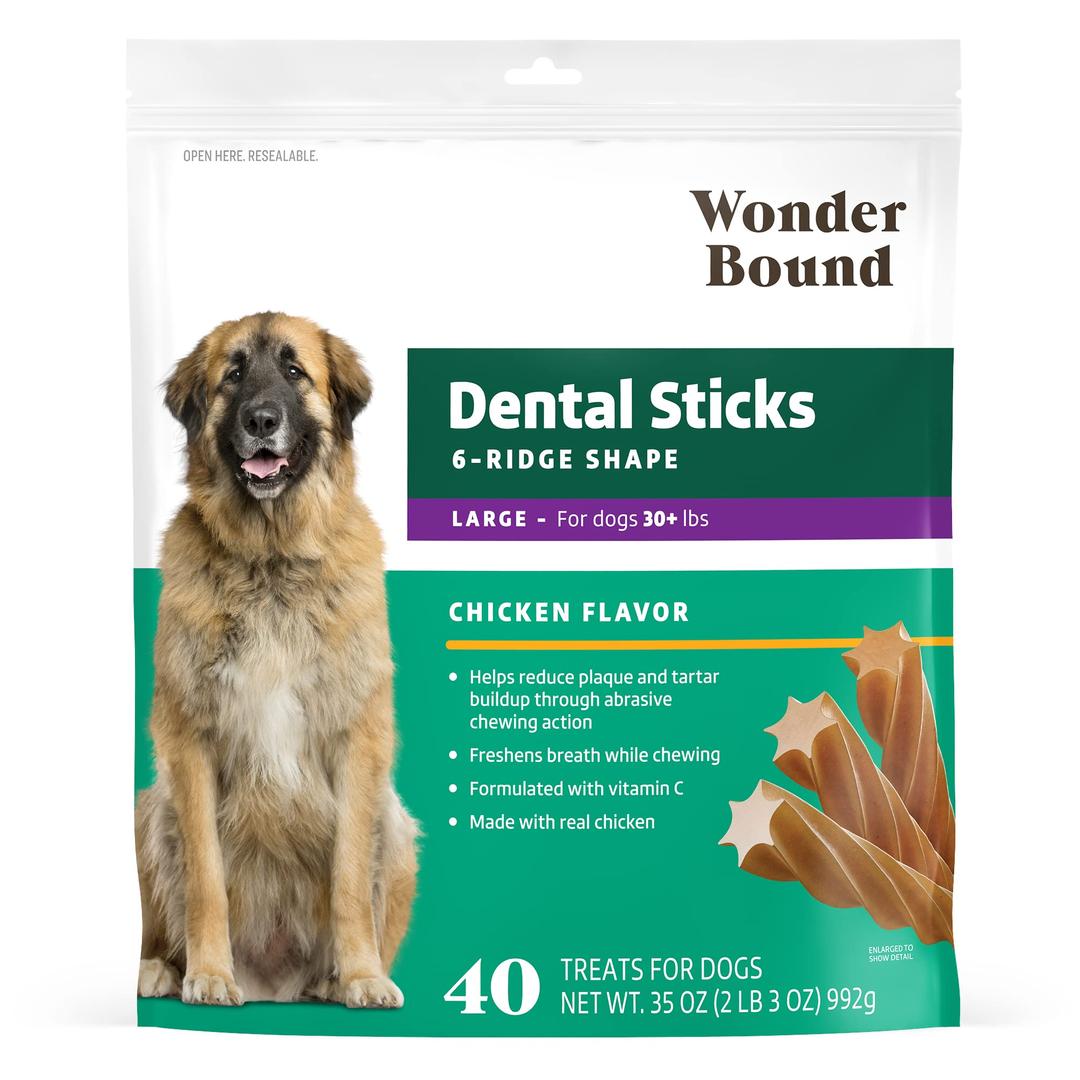 Amazon Brand - Wonder Bound Chicken Flavor Dental Sticks for Large Dogs (Over 30 lbs), 6-Ridge Shape for Plaque & Tartar Control, Freshens Breath, Made With Real Chicken, 40 Count (Pack of 1)