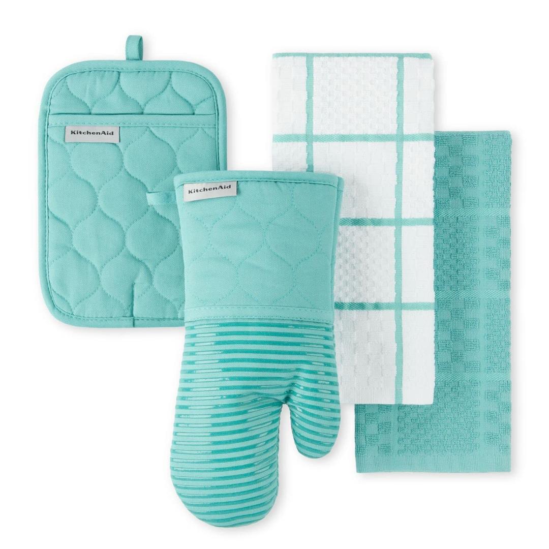 KitchenAidQuilted Cotton Terry Cloth Oven Mitt, Pot Holder, Kitchen Towel 4-Pack Set, Heat Resistant, Silicone Grip, Gift Set, Aqua Sky, 16"x26", 7"x13" & 7"x10"