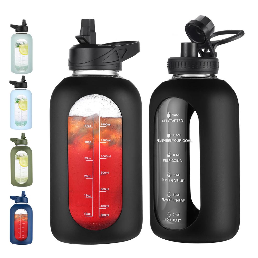 64 oz Glass Water Bottle With Straw and Handle, Half Gallon Sports Motivational Water Jug Flask with Silicone Sleeve, Large Water Cup with Time Marker for Travel, Gym, Black