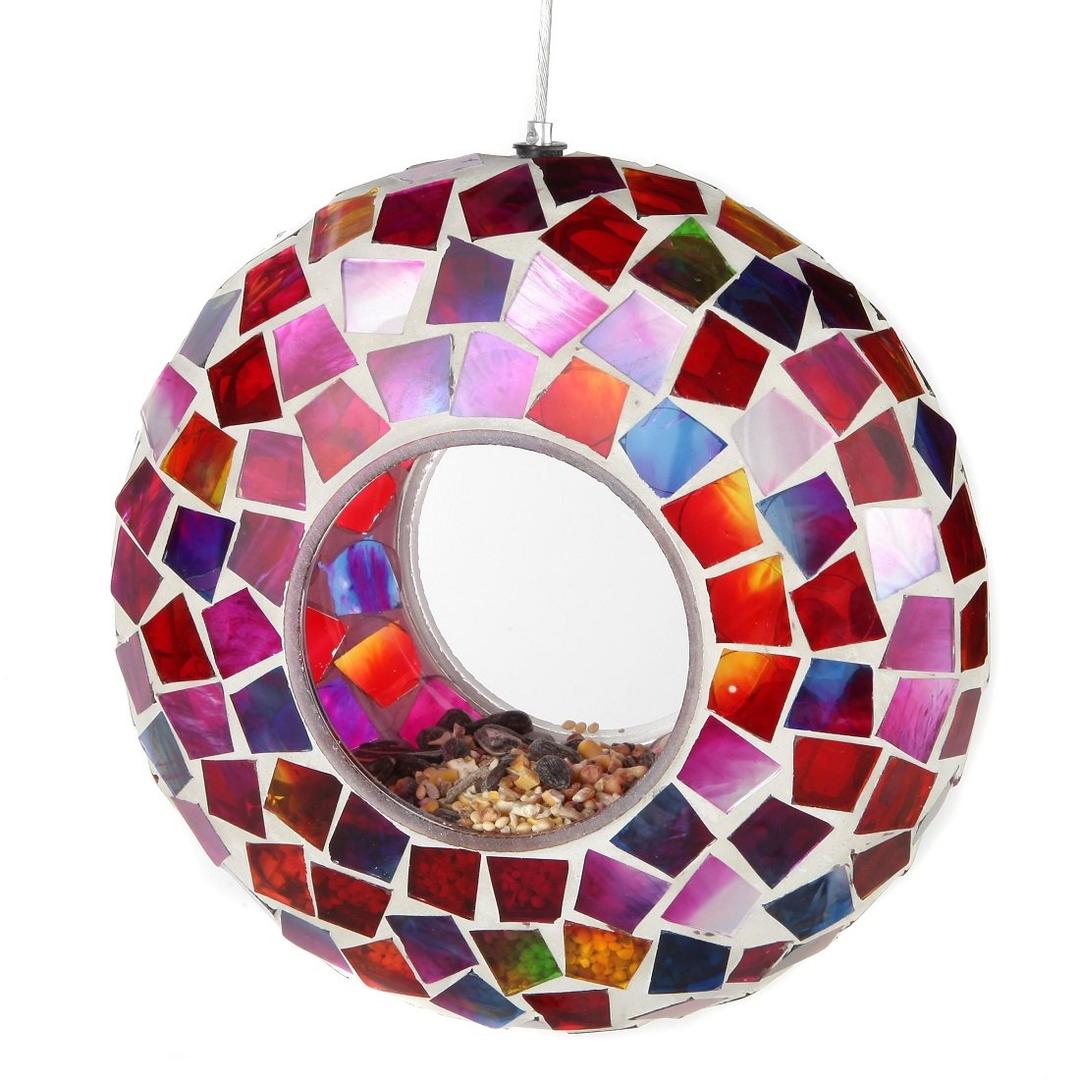 Lily's Home Hanging Outdoor Fly Through Wild Bird Feeder, an Excellent Addition to Any Garden, Mosaic. 6 Inches. Purple, Pink and Red