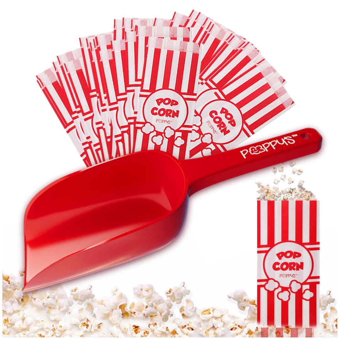 Poppy's Plastic Popcorn Scoop Bundle - 50 Bags and Plastic Popcorn Scooper, Popcorn Machine Accessories for Popcorn Bars, Movie Nights, Concessions