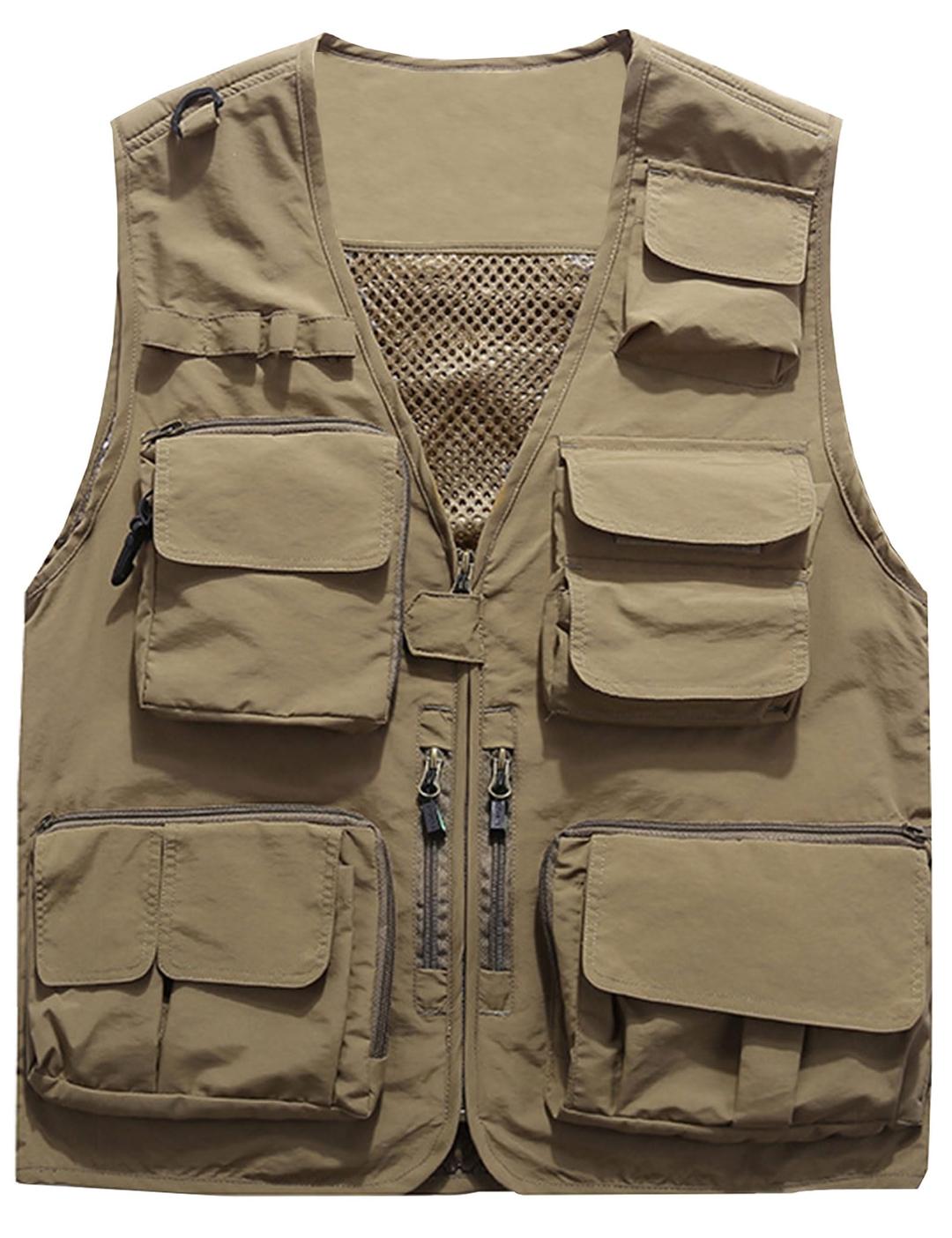 FlygoMen's Casual Lightweight Outdoor Fishing Work Safari Travel Photo Cargo Vest Jacket Multi Pockets