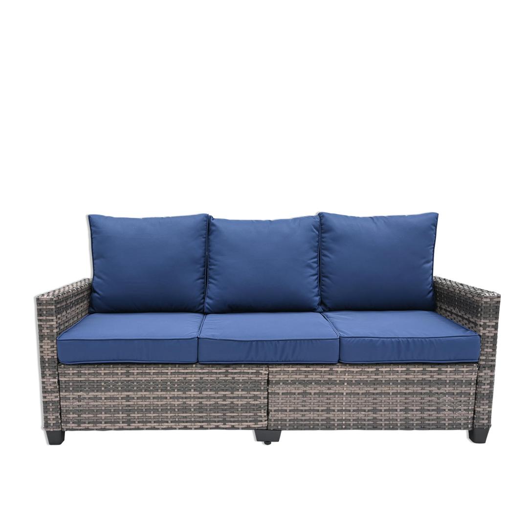 All Weather Outdoor Rattan Sofa, 3 Seat Outdoor Wicker Couch with High Back, Premium Brown Wicker and Navy Blue Cushions for Garden, Backyard, Porch,Dark Blue