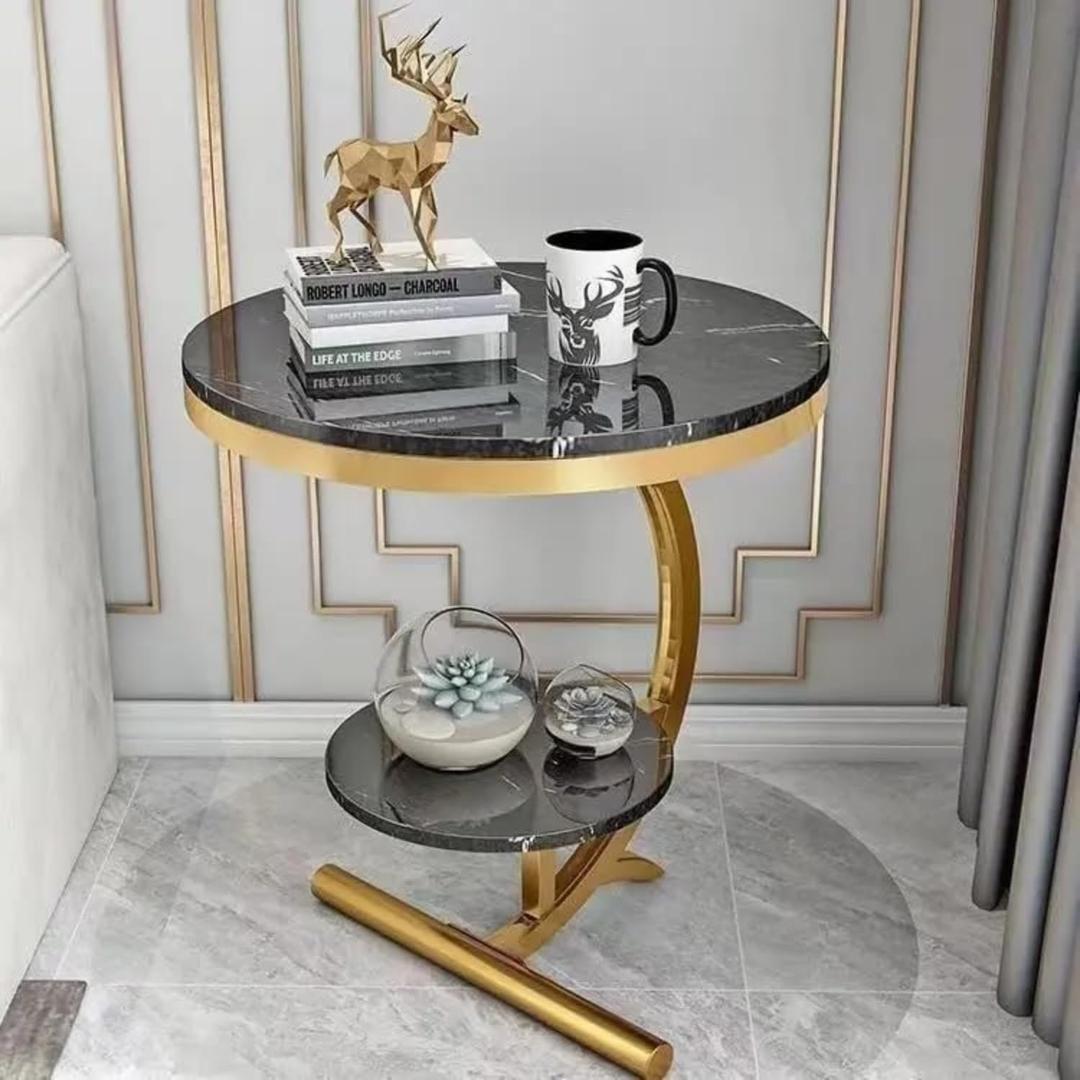 AMZZ Luxurry Modern Round Coffee Table with Faux Marble Top & Gold Iron Frame - Stylish Black & Gold Corner Table for Living Room - Elegant Nordic Design Side Table