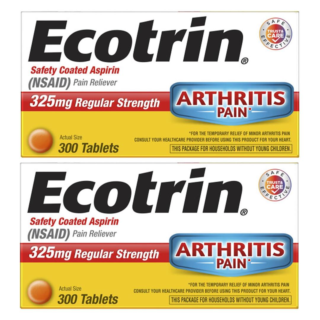 EcotrinRegular Strength Safety Coated Aspirin | Arthritis Pain | 300 Tablets (2 Pack)