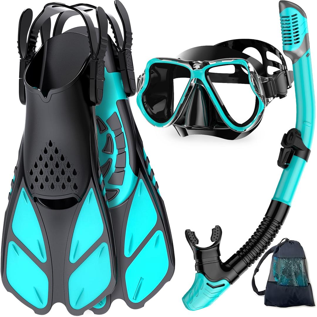 ZenopligeMask Fins Snorkel Set, Snorkeling Gear for Adults, Panoramic View Snorkel Mask Anti-Fog, Adjustable Dive Flippers, Dry Top Snorkel and Travel Bag, Scuba Gear for Swimming Snorkeling Diving